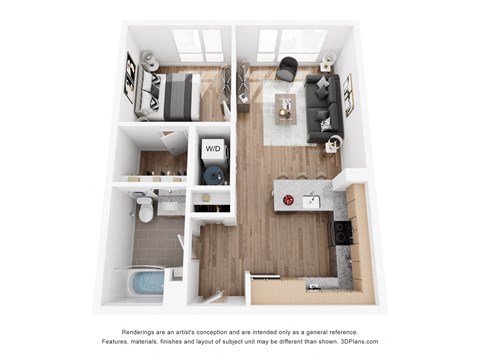 Floor plan for 1 bed, 1 bath, 607 sqft